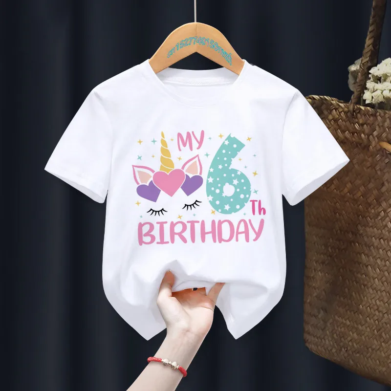 Birthday Gift Present Clothes Children Unicorn Girl My 1-8th Number Fixed printing T-shirt Baby Letter Tops Tee,children t shirt