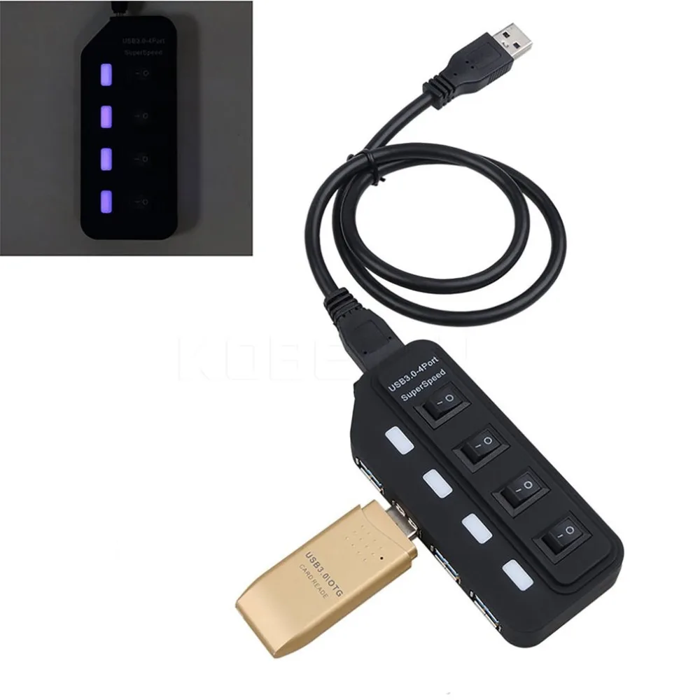 Премиум 4 Порты и разъёмы usb-хаб супер Скорость USB 3,0 концентратор светодиодный индивидуальные вкл/выкл кнопка USB кабель для передачи данных с Мощность адаптер
