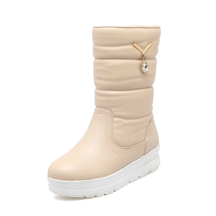 beige Большие размеры 36-41; новые теплые зимние сапоги; женские сапоги на платформе на молнии; однотонные Водонепроницаемые зимние сапоги до середины икры на толстом меху - Цвет: beige