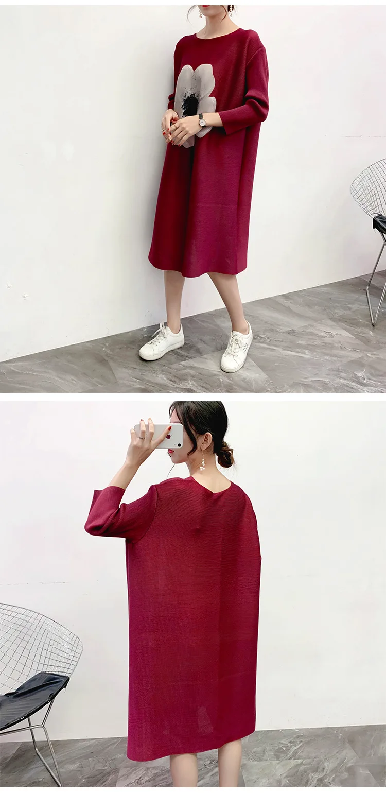 Miyake плиссированные платья, пожалуйста, с круглым вырезом, длиной до колена, однотонное платье, новое зимнее женское модное платье с цветочным рисунком размера плюс, элегантные женские платья