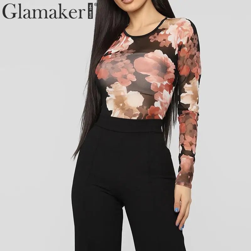 Glamaker Сетчатое прозрачное боди с принтом розы, сексуальное элегантное боди Ренессанс, женское уличное боди с длинным рукавом, Новинка