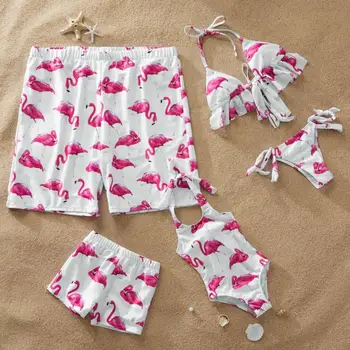 

Parent-child Swimsuit Flamingo Split Bikini Mother and Daughter Swimsuit Men's Boxer Beach Swim Shorts Ruffled Edge Family Look