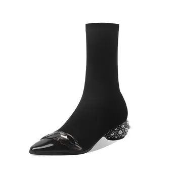 

Genuine leather Strange high Heels Women Ankle Boots Shoes Woman 2021 Autumn Winter Newest Pointed Toe Wedding Boots
