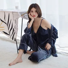 AEOZRING, Золотая Бархатная ночная рубашка, Женский комплект из трех частей с длинным рукавом и поясом, сексуальный бархатный осенний и зимний комплект