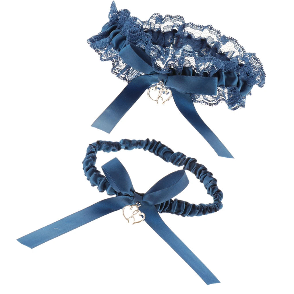 Набор из 2 элегантных свадебных подвесок с бантом и сердечком, кружевные подвязки, кольцо на ногу, синий цвет, один размер