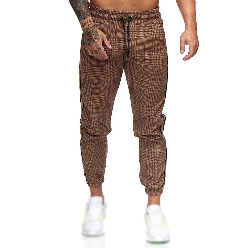 Мужские клетчатые брюки, средняя посадка, колготки, спортивные брюки-карандаш, брюки больших размеров, брюки на шнурке