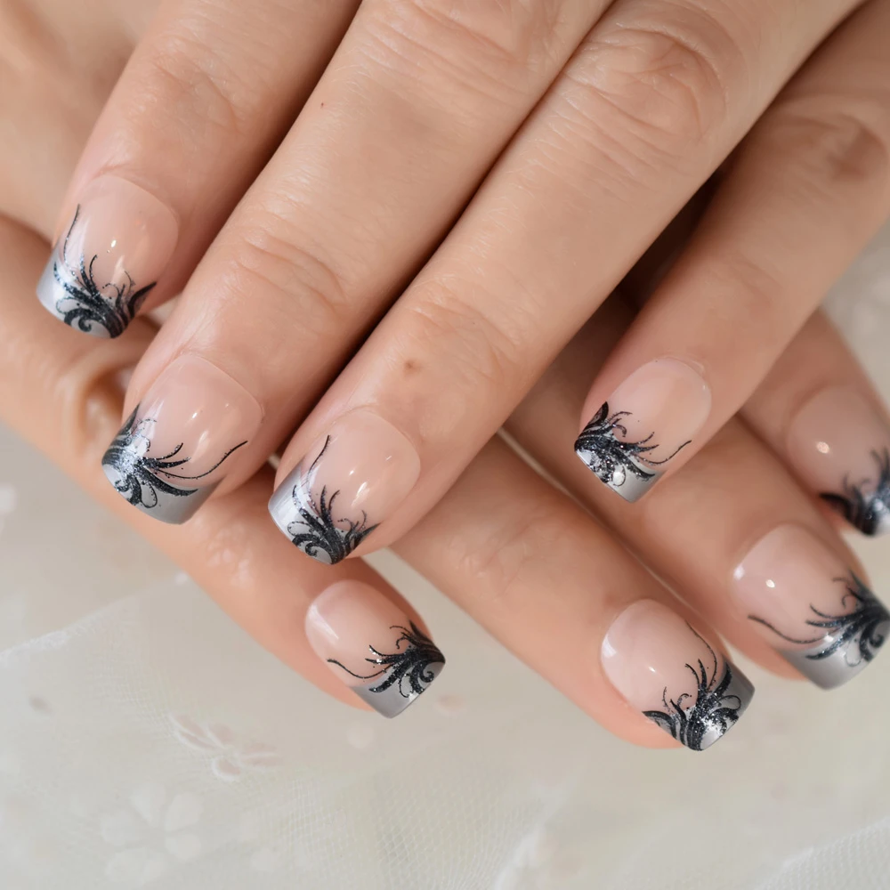 Plastic False Nail Tips Square Artificial Short French Fake Nails With  Black Clear Flower Pattern Decoration Design - False Nails - AliExpress