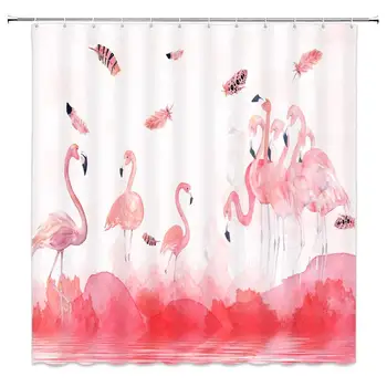 

Pink Flamingo Shower Curtains Watercolor Tropical Wildlife Feather Hand Drawn Print Simple White Bathroom Curtain Decor