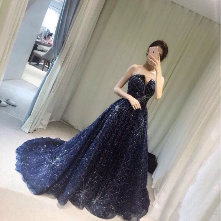 

2019 new arrival elegant navy blue long party dress evening prom dresses Vestido de Festa strapless sequin style dress