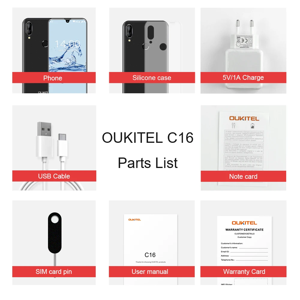  OUKITEL C16 5.71''Android 9.0 19:9 Waterdrop Screen CellPhone MT6580P 2GB RAM 16GB ROM Smartphone D - 4000120941313