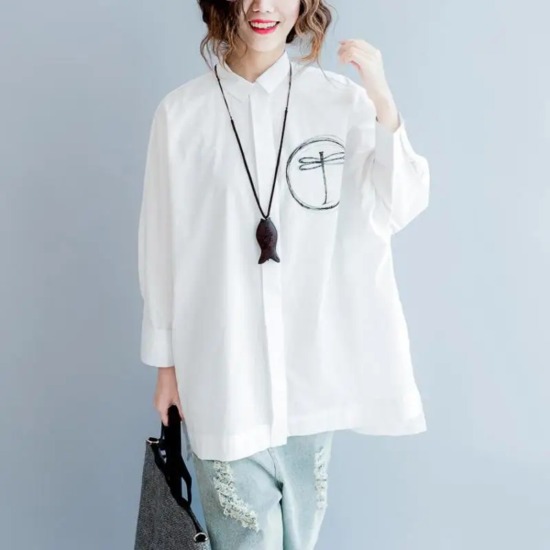 

Johnature Autumn Women Clothes 2019 New Simple Loose Batwing Sleeve Tops And Blouses Casual Print Korean Turn-down Collar Shirt