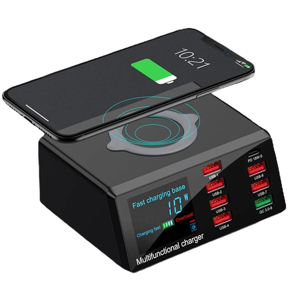 Intelligent LED Display Wireless Charger Dock QC 3.0 Fast Charging 8 Ports PD USB Chargers Desktop Adapter for iPhone and Tablet