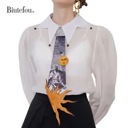 Women Original Design Galaxy Sun Embroidery Character Print Arrow Tie
