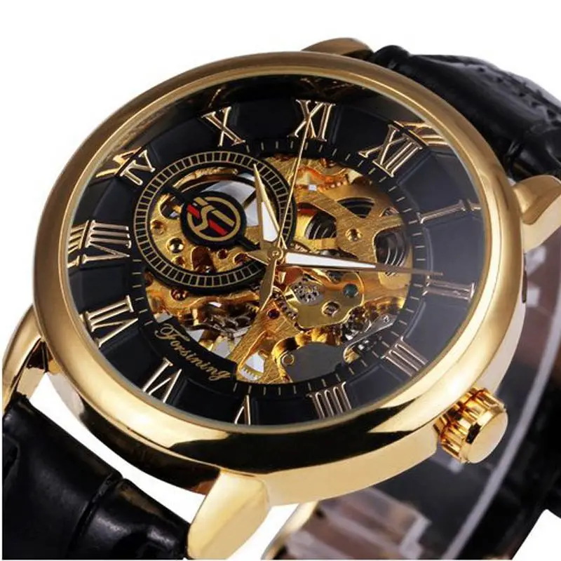 2021 Fashion 3D Logo Engraving Golden leather belt Men Mechanical Watch Forsining Transparent Case Top Brand Luxury Skeleton 