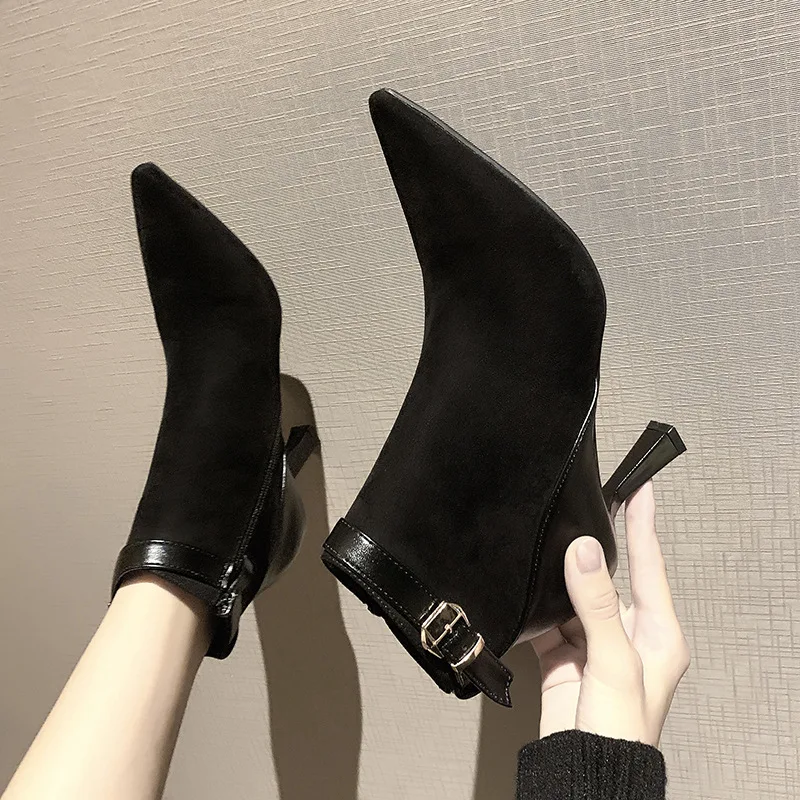 

1999-5 Pointed Short Boots Women's Thin Heeled 2019 Autumn And Winter New Style High Heel Shoes Joint-Belt Buckle Martin Boots