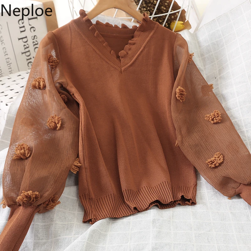 

Neploe Flower Women Sweaters Spring 2020 New Arrival V Neck Lantern Sleeve Pullovers Casual Slim Fit Ladies Sweaters 80458