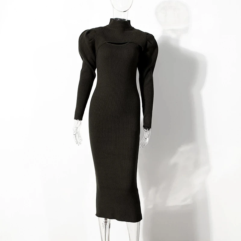 ECRURANI Casual Two Piece Set For Women Long Sleeve Tops Round Neck Sleeveless Slim Side Split Dress 2021 Females Dresses Suits