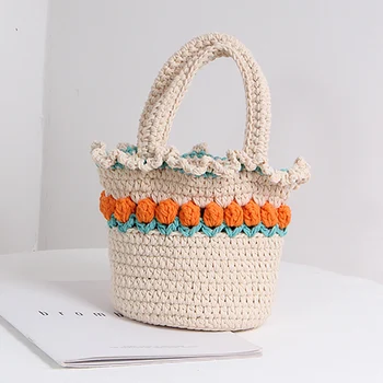 

Designer New Crochet Beach Handbag for Girls Summer Straw Rope Hollow Out Hand Woven Totes Bag Women Hollow Knitting Handbag