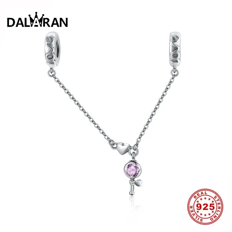 

DALARAN 925 Sterling Silver Crystal Love Key Safety Chain Charm Bead Fit Pandora Bracelets Women DIY Jewelry Making Berloque