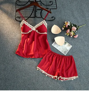 

2020 New pajama women's style silk sexy suspenders pajama set Home fashion sexy lace breast cushion two-piece pajama set Top