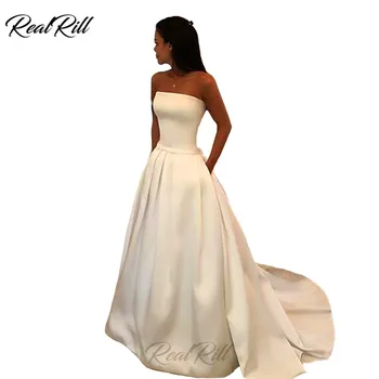 

Real Rill Strapless Wedding Dress 2019 Mariage Satin Lace Up Back Wedding Gowns A Line Sweep Train Bride Dress
