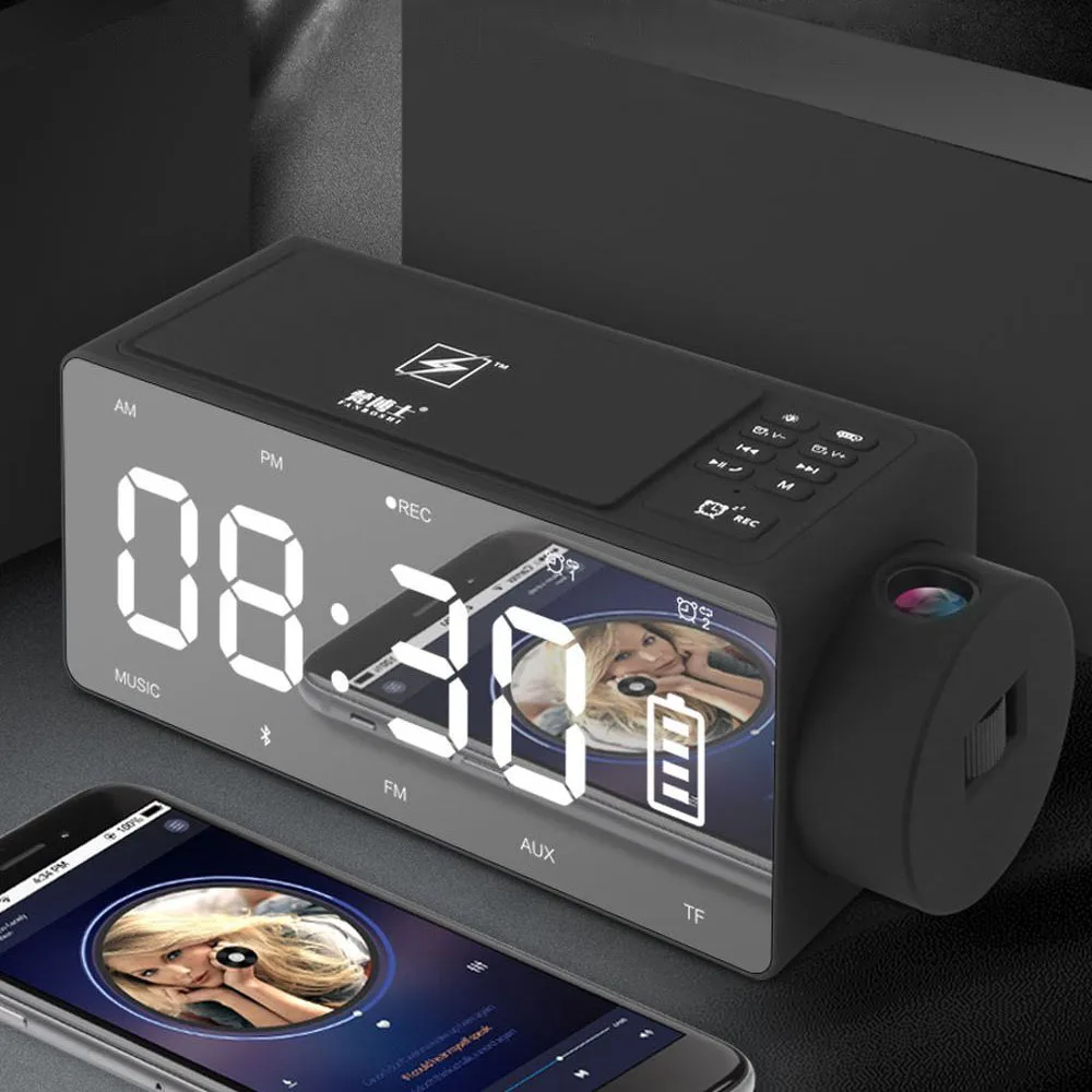 Bluetooth динамик Беспроводное зарядное устройство сабвуфер будильник "сделай сам" проекция Запись музыки FM радио мобильный телефонный звонок Многофункциональный - Цвет: Черный
