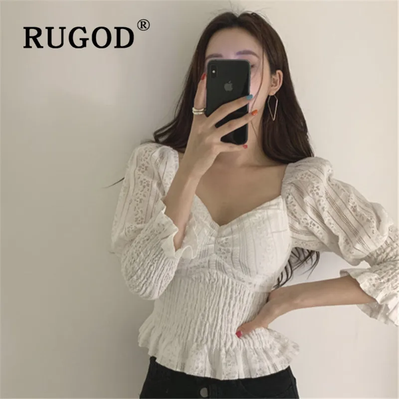 RUGOD Весенняя Элегантная блузка женские блузки короткий топ с длинным рукавом корейская модная одежда женские рубашки кружевная рубашка с рукавом-фонариком