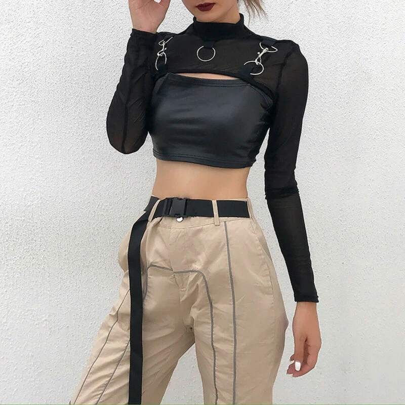 black long sleeve top Sexy Perspective Shirt Women Mesh Sheer Long Sleeve Turtleneck Cropped Tops Ladies Blouse Shirts High Neck womens blouses