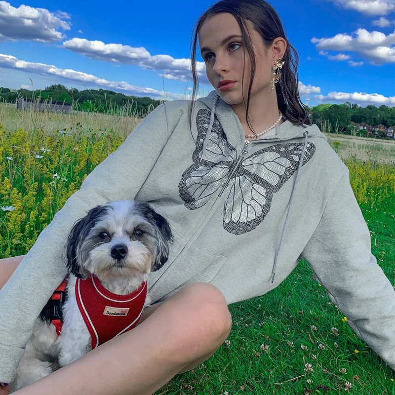 

Fashion Oversized Butterfly Graphic Rhinestone Zip Up Hoodies 90s Streetwear Diamond Grey Long Jacket Autumn