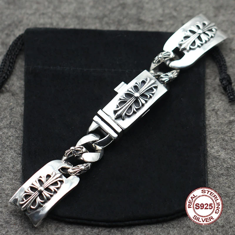 Браслет из стерлингового серебра S925 пробы, цепочка для часов, ювелирные изделия с высоким блоком, крестообразные аксессуары в стиле рок, панк, новинка