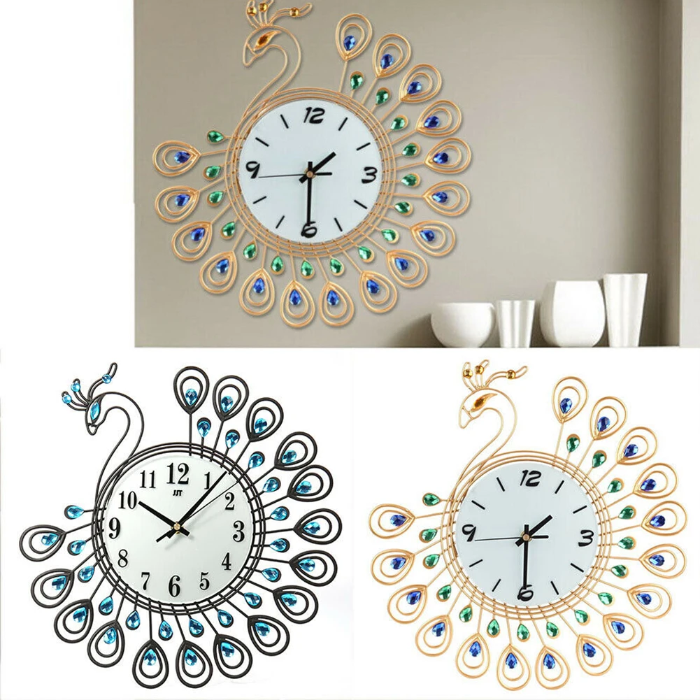 Office Fashion Gift Quartz Art Peacock Home Luxury Decoration Hanging Living Room Silent Metal Wall Clock
