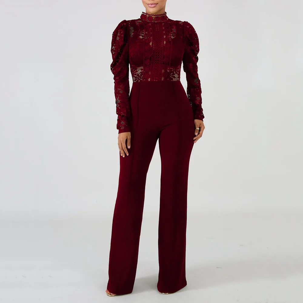 

Burgundy See Through Long Sexy Lace Jumpsuit Romper Women Party Club Sheer Patchwork Women's Vintage Party Evening Dress