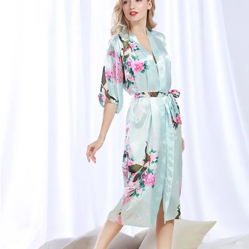 Peacock robe feminino, женский халат, сексуальный соблазнительный кардиган, пижама, летняя, большой размер, длинная Домашняя одежда, темно-синяя Пижама
