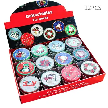 

12Pcs Cartoon Christmas Gift Box Santa Snowman Elk Gift Bag Tinplate Empty Tins With Hanging Rope Candy Gift Storage Container