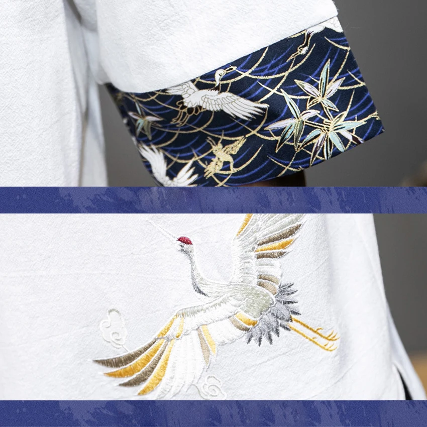 Chinese Traditional Linen Clothes Summer Men Crane Embroidery Print Patchwork Harajuku Asian Fashion Casual Streetwear Top Shirt