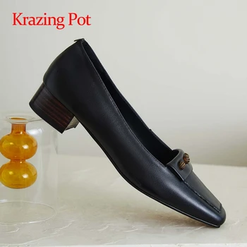 

Krazing Pot korean girls cow leather vintage metal decorations square toe med heels slip on gorgeous all-match women pumps L47