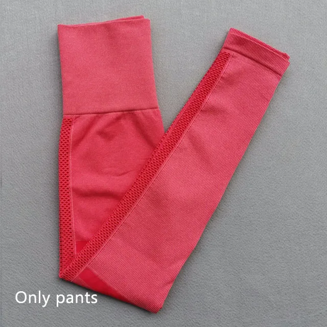 Red pants Новинка, бесшовный комплект для йоги, спортивная одежда для тренировок, женские спортивные Леггинсы с высокой талией+ обрезанная рубашка с длинным рукавом, спортивная одежда для бега - Цвет: Red pants