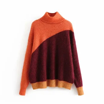

Za women's new high collar long sleeve color blocking sweater in autumn 2019 mohair sweater 09598185050