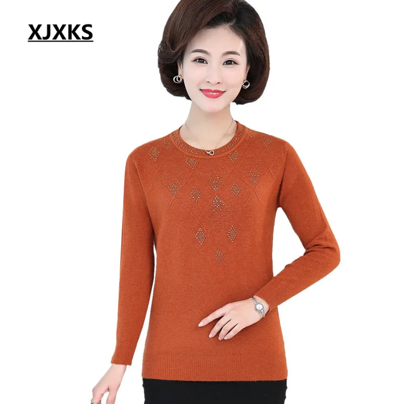 

XJXKS Fashion diamond high quality cashmere sweater women's pullover 2019 autumn winter new high elastic women's knitted tops