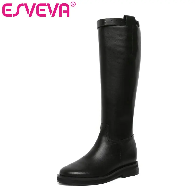 

ESVEVA 2020 Shoes Women Knee-high Boots Square Low Heel PU+Patent Leather Boots Zipper Platform Motorcycle Boots Size 34-39