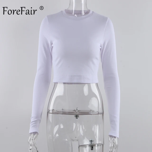 Forefair Long Sleeve Ribbed T Shirt Women Autumn Ladies Underwear Solid Slim O Neck Knitted Women Sexy Crop Tops 4