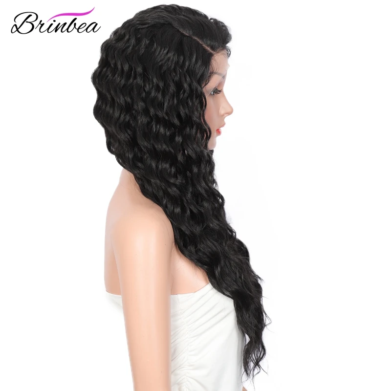Resistente ao Calor Perucas da Parte Dianteira do Laço com Cabelo do Bebê Partido para Mulher Brinbea Japão-feito Sintético Marrom Encaracolado 4 Lado Profundo 28 5 High Quality Apliques e perucas