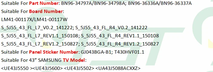 95% 8 шт./комплект светодиодный полосы для SAMSUNG UE43J5550 UE43J5600 UE43J5502 GJ043BGA B1 BN96 34797A 34798A 36336A 36337A S 5J55 43 FL