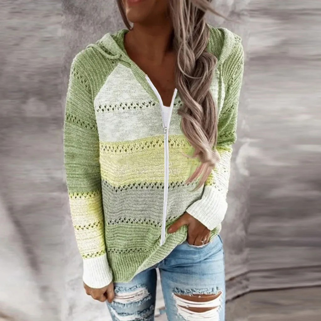 Suéter con capucha de retales para mujer, suéter de manga larga con cuello en V, Jersey de punto informal a rayas, novedad de Otoño de 2021