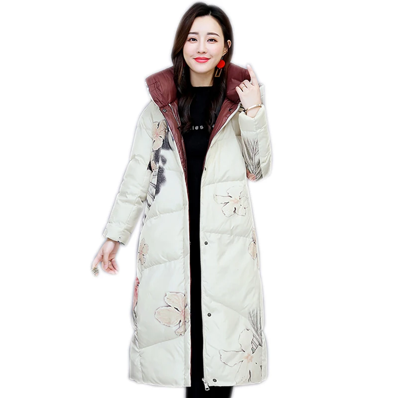 Women warm cotton jacket small fresh long cotton print coat with hood winter jacket womens slim long sleeve parka Overcoat G83