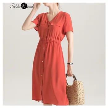 

Silviye Silk authentic silk dress women's long spring and autumn French V-neck short sleeve shirt dress A-line dress summer