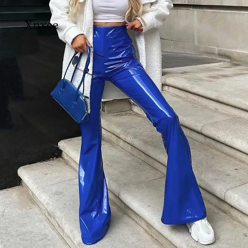 

Pu Leather Wide Leg Trousers Solid Color High Waist Flared Pants New Zipper Casual Slim Women's Pencil Trousers Fashion Bottoms