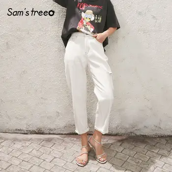 

SAM'S TREE White Solid Minimalist Ripped Washed Casual Women Jeans 2020 Spring Pure High Waist Ladies Korean Daily Denim Trouser