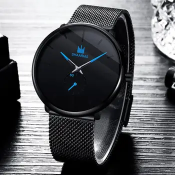 

SHAARMS Men Black Analog Quartz Watch Luxury Mesh Band Quartz Wristwatch Fashion Business Watches Erkek Kol Saati