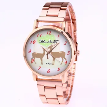 

Luxury Ladies Quartz Watch Kids Rose Gold Stainless Steel Strap Cartoon Elk Pattern Alloy Dial Watches For Women Gift Wristwatch